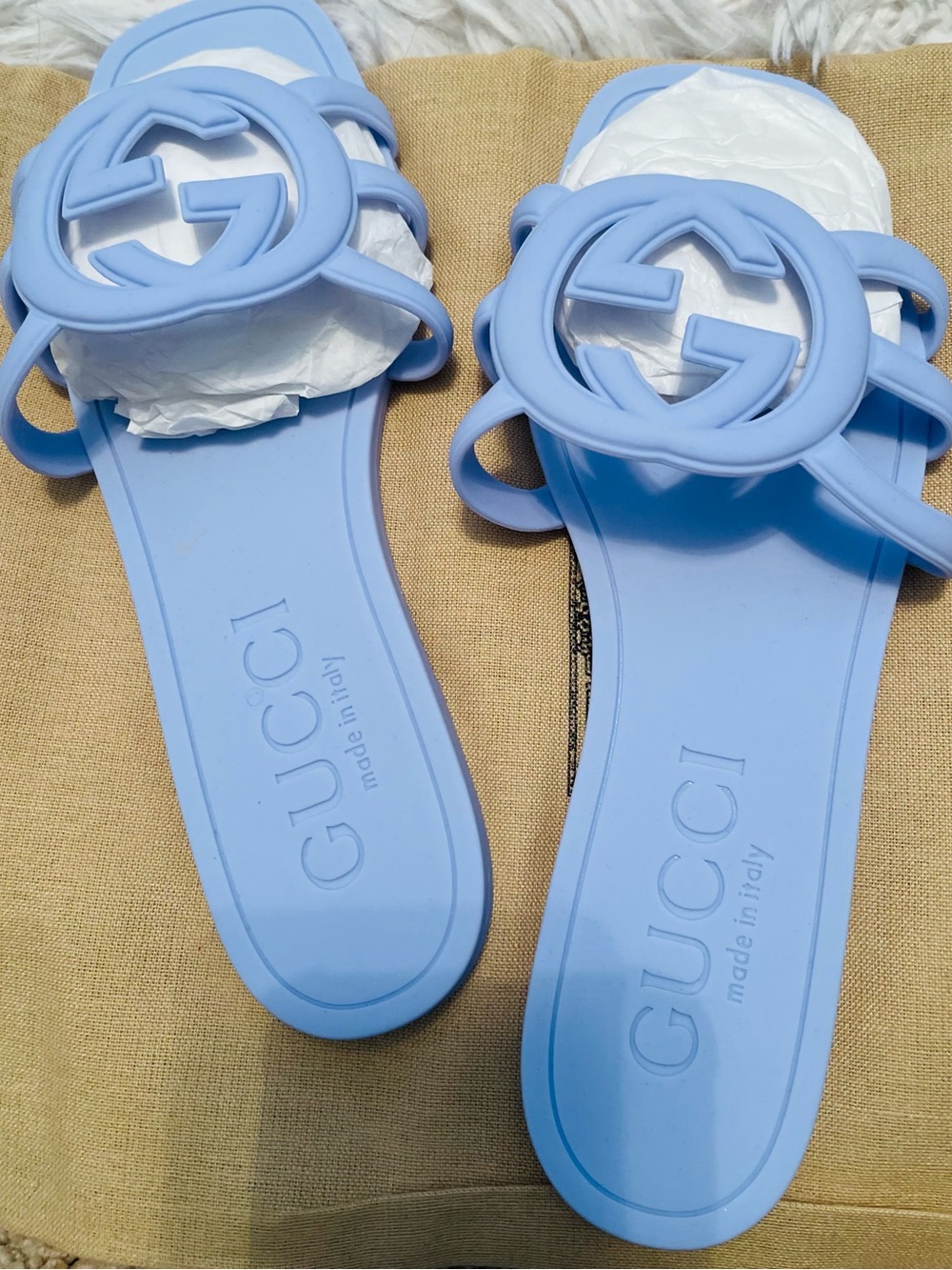 Gucci Interlocking G Rubber Slide Sandals Baby Blue Size 8 New